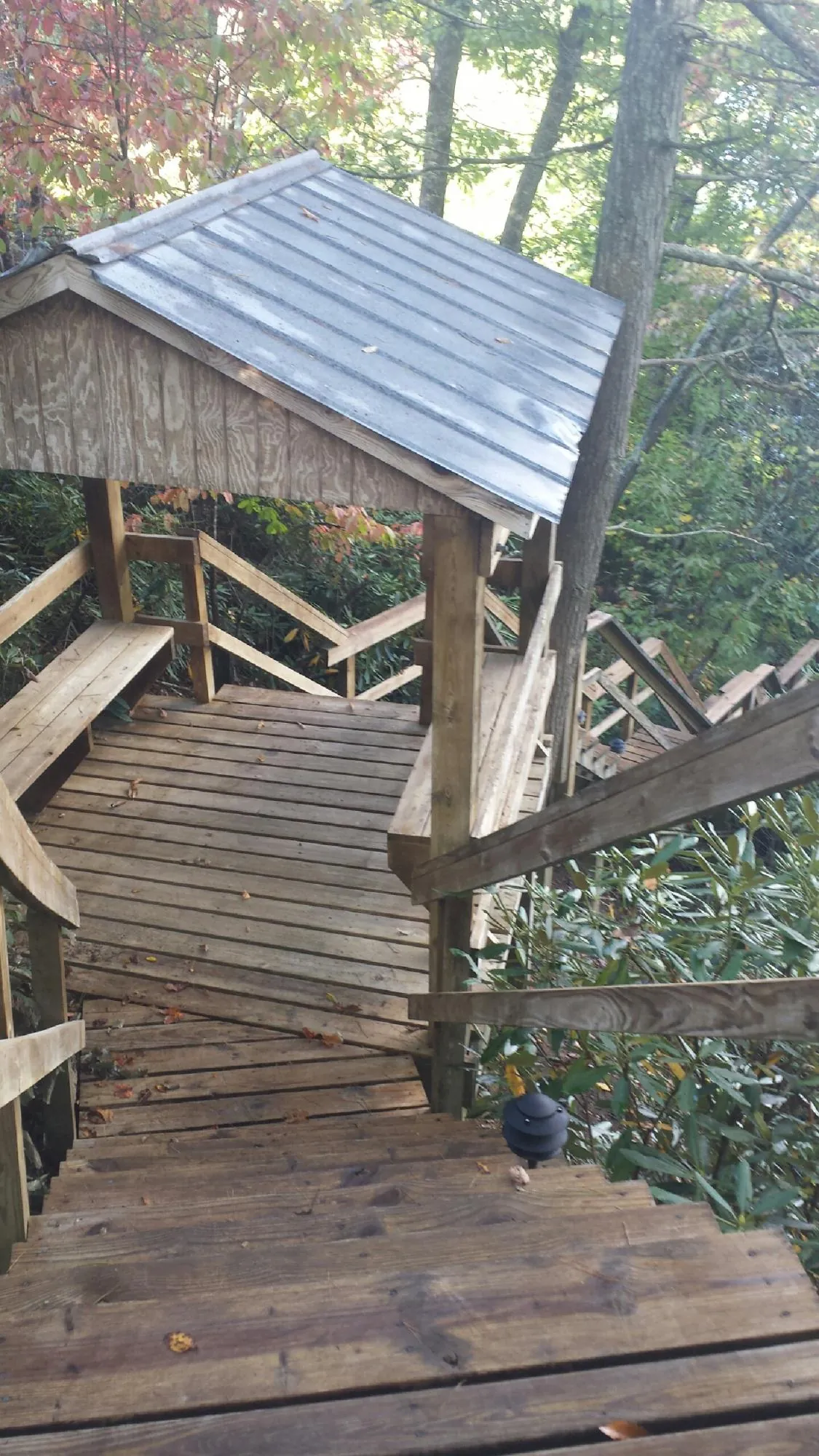 Metal roofed shelter over wooden steps on a wooded walkway — Skylight Repair & Installation work by our crew in Mc Donald